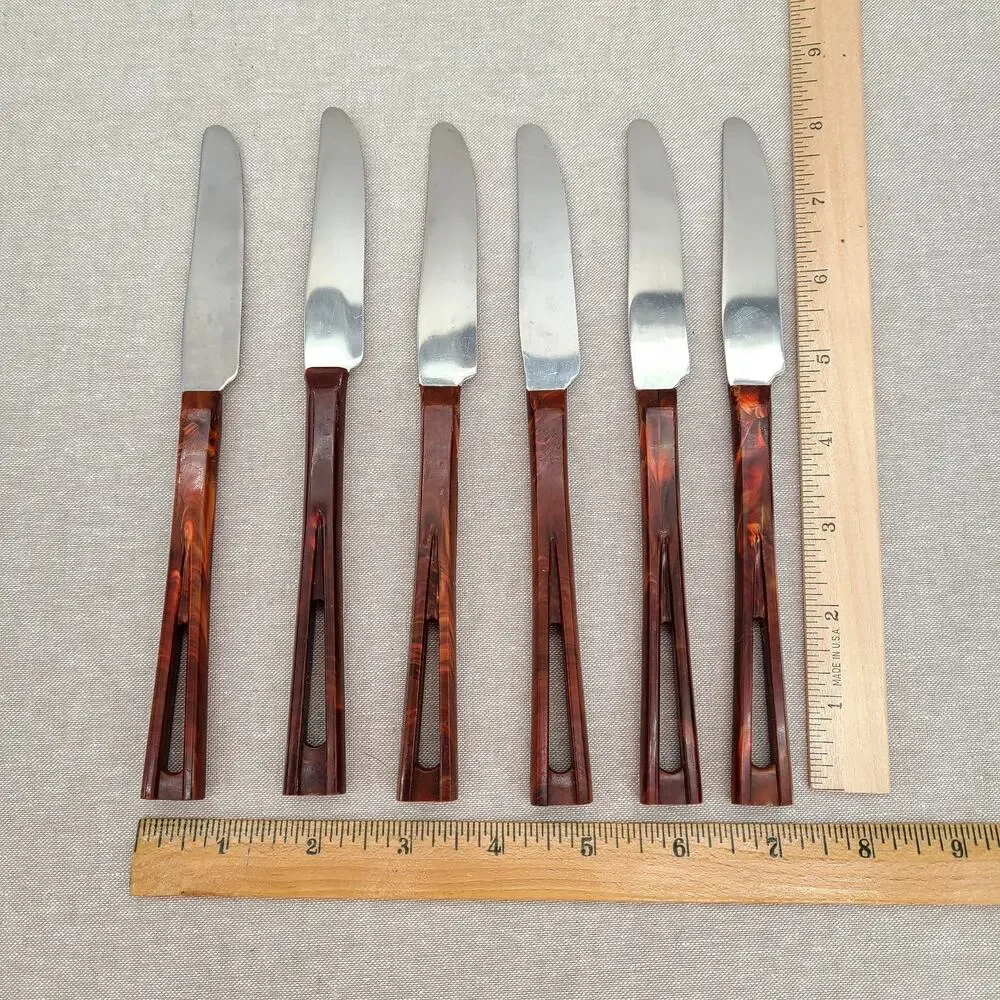 VTG Stanley DeLuxe Steak Knives Set of 6 Stainless - Bakelite Handles Marbled